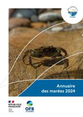 Couverture de l'annuaire des marées 2024 représentant un petit crabe vert (Carcinus maenas) sur un rocher